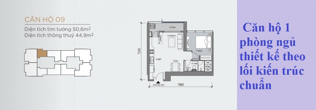 Dự kiến mặt bằng điển hình mẫu căn hộ 1 phòng ngủ phát triển trong dự án