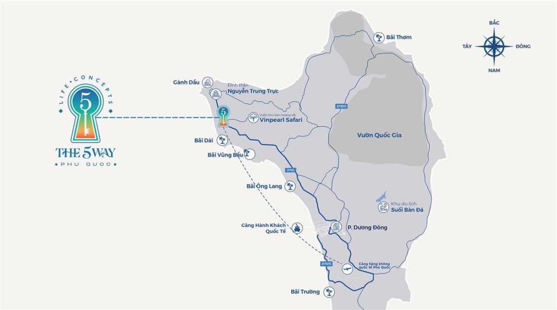 Vị trí The 5Way Phú Quốc tọa lạc tại đường DT45, Bãi Dài, Gành Dầu, Phú Quốc, Kiên Giang